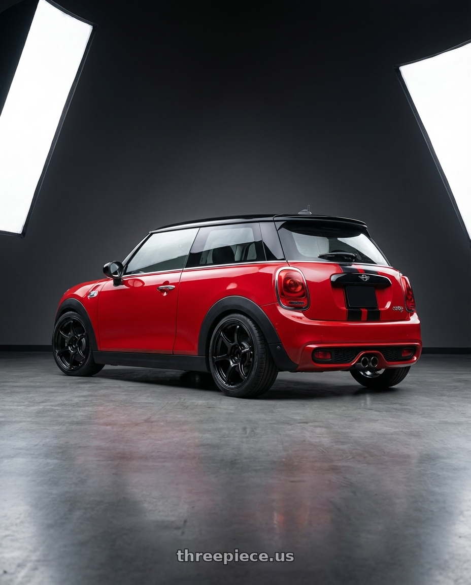 2019 Mini Cooper S F56 with Advan RGIII 4x100 18x7.0+42 Gloss Black wheels rear three quarter view square tires