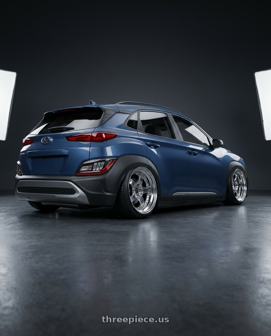 2022 Hyundai kona with Work Meister S1 3P wheels rear three quarter view extreme stretch tires
