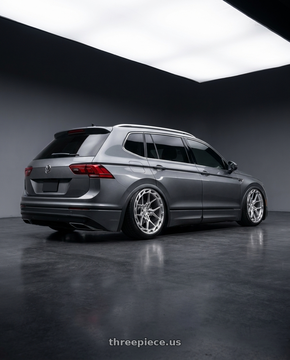 2020 Vw tiguan with Rohana RFX19 5x114.3 20x9 +22 Machine Silver wheels rear three quarter view slight stretch tires