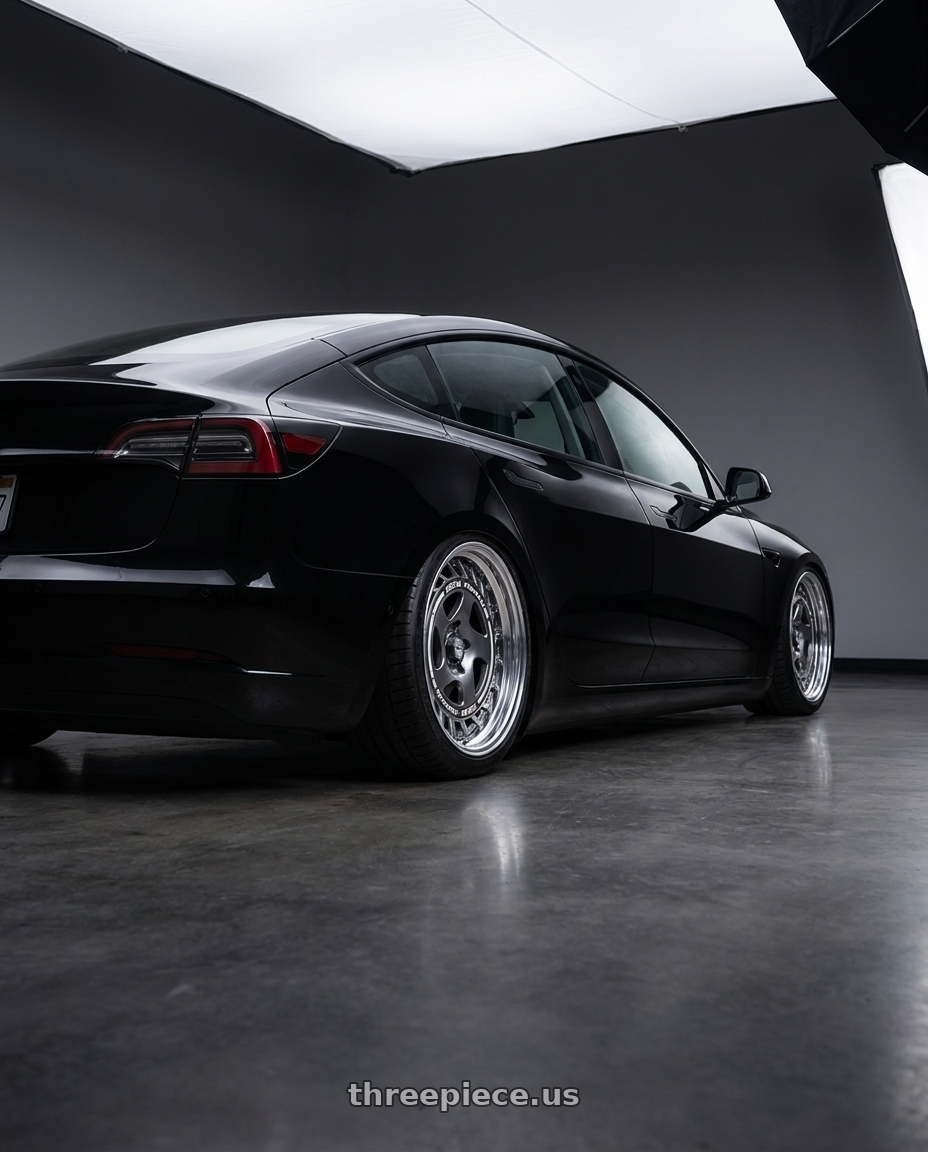 2026 Tesla model 3 with FORMULA AERO SPOKE 5x114.3 19X8.5+30 NR Disk Titan Silver wheels rear three quarter view square tires