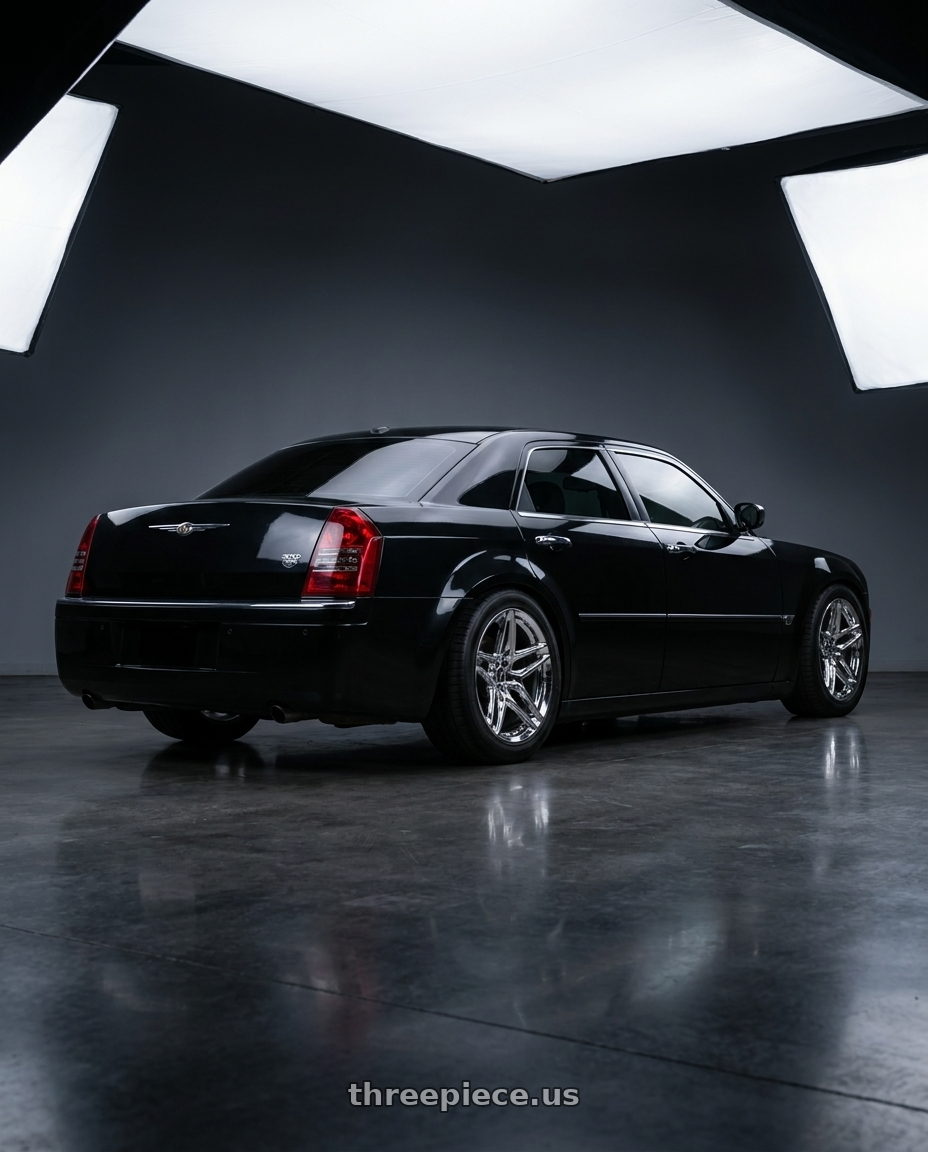 2007 Chrysler 300c black with HERITAGE WHEEL EBISU MONOC 5x114.3 19x8.5 +35 CHROME wheels rear three quarter view meaty tires