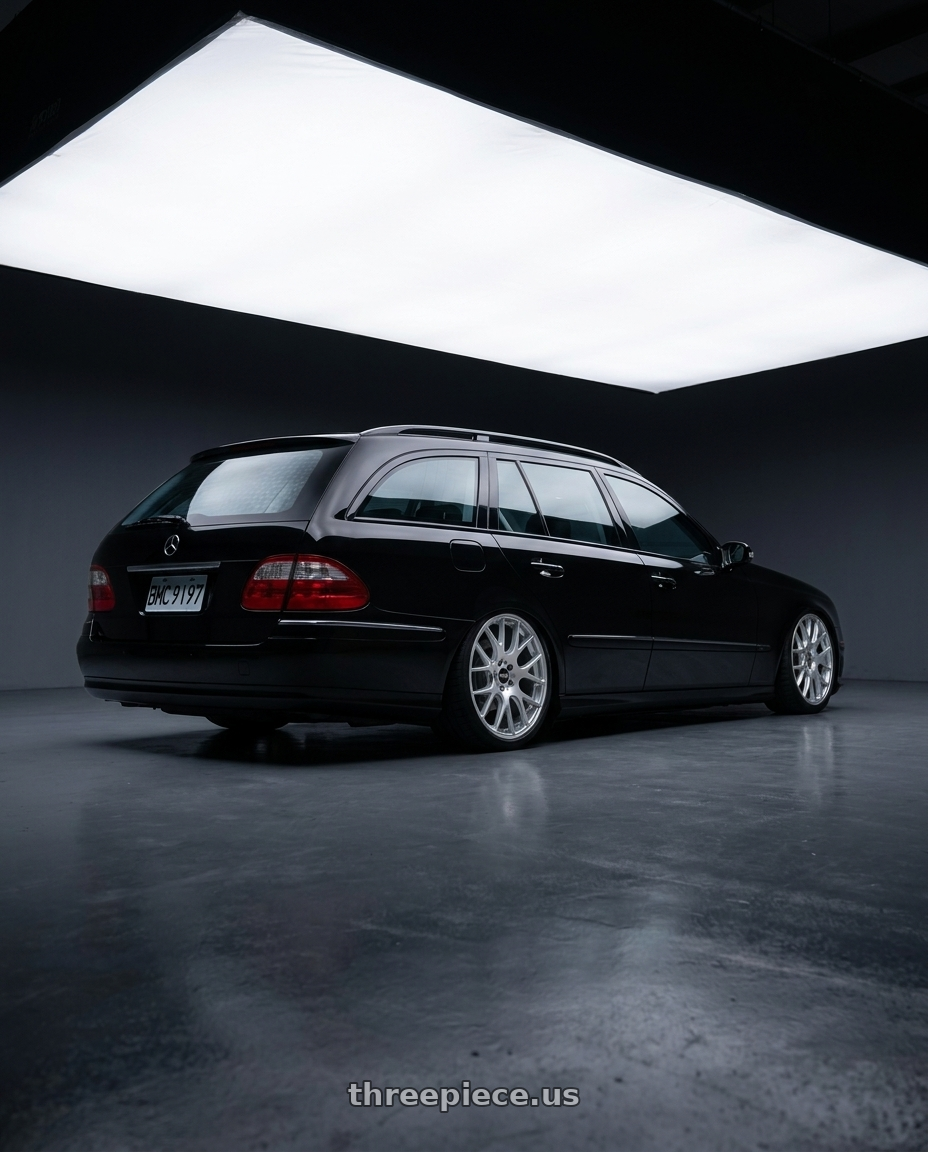 2004 s211 E320 with BBS FS 5x112 19x10 +38 PFS Diamond Silver wheels rear three quarter view square tires