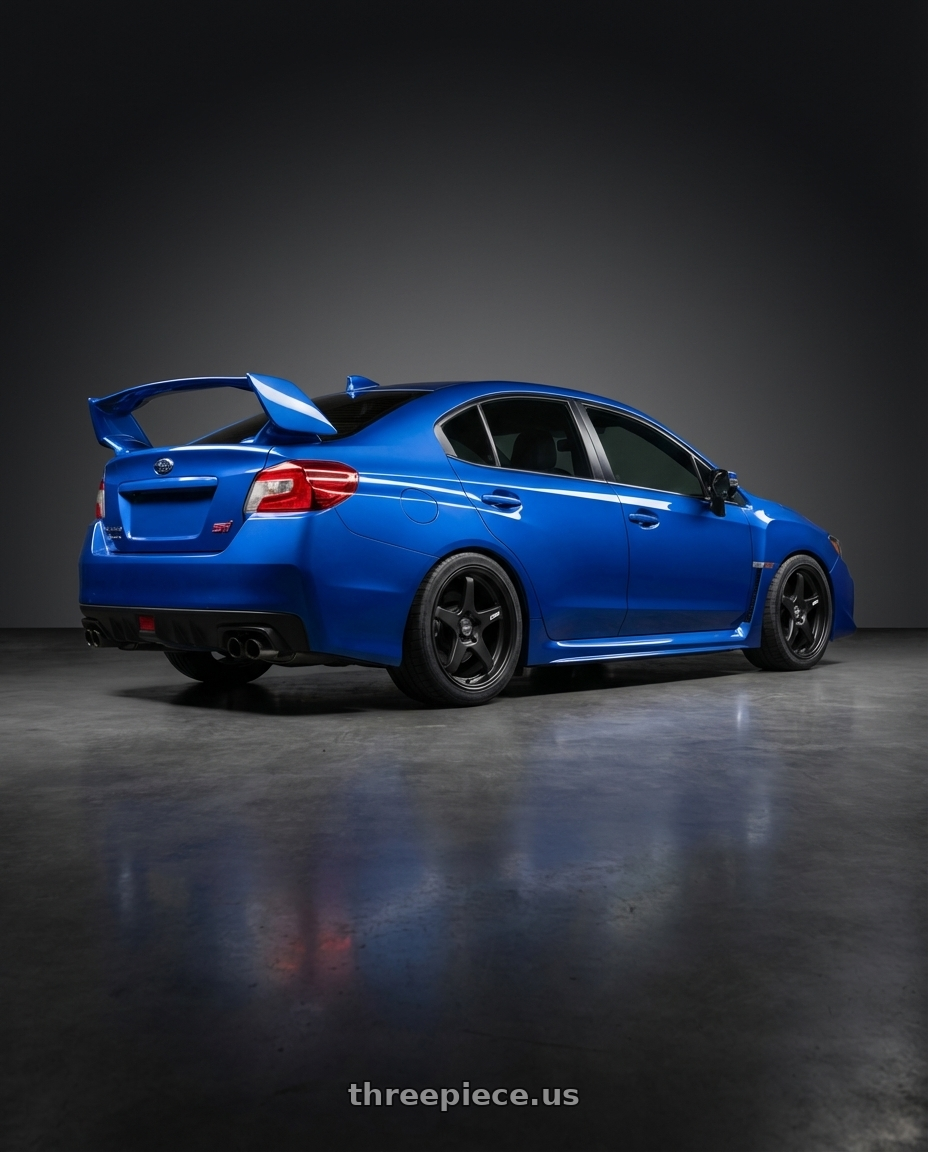 2013 Subaru WRX STI with ESR Wheels APEX SERIES AP5 5x114.3 18x8.5 +30 Matte Black wheels rear three quarter view square tires