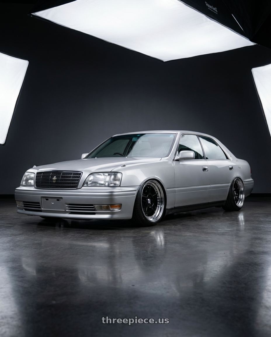1997 Toyota Crown Royal extra with Konig SSM 5x114.3 18x9+22 Gloss Black w/ Machined Lip wheels front three quarter view stanced stance
