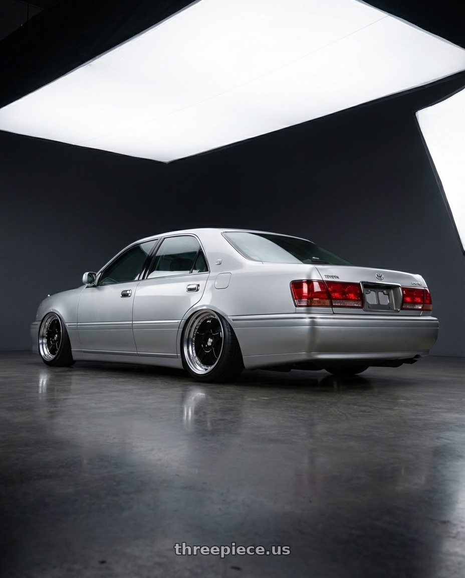 1997 Toyota Crown Royal extra with Konig SSM 5x114.3 18x9+22 Gloss Black w/ Machined Lip wheels rear three quarter view slight stretch tires