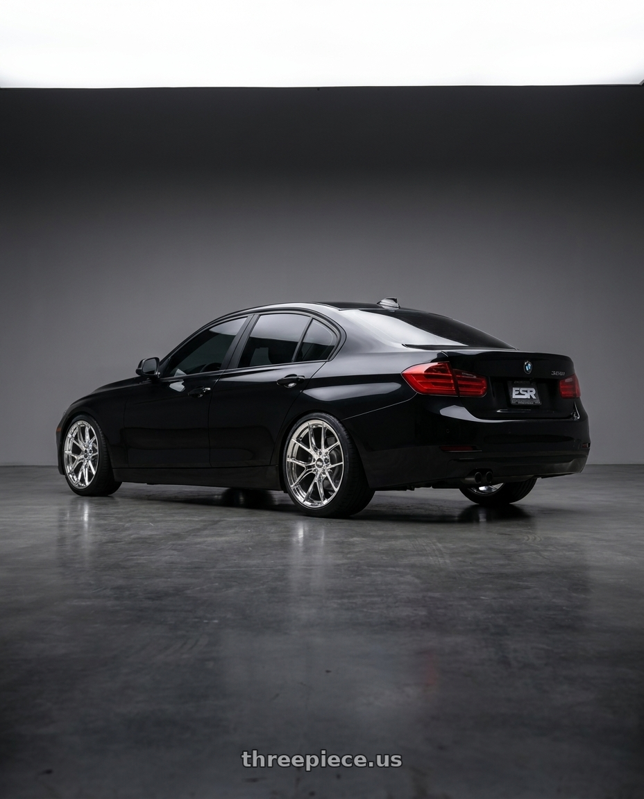 2014 BMW 328i with ESR Wheels RF2 5x112 18x9.5 +35 Chrome wheels rear three quarter view square tires