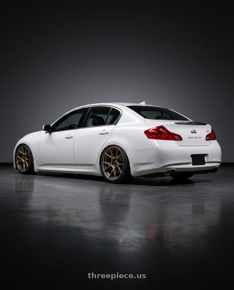 2012 Infiniti G37 with Konig Ampliform 5x114.3 19x10.5+23 Gloss Bronze wheels rear three quarter view slight stretch tires