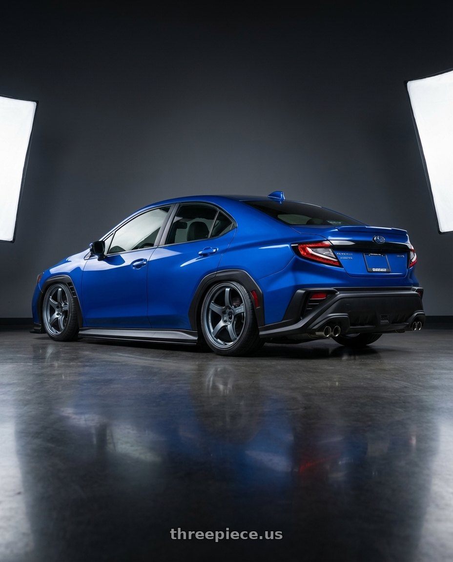 2024 Subaru WRX with Gram Lights 57CR 5x114.3 19x8.5+35 Gunblue II wheels rear three quarter view slight stretch tires