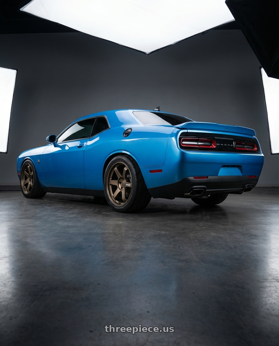 2019 Dodge Challenger R/T Scat Pack Shaker B5 Blue with Volk Racing TE37 Ultra M Spec 5x112 19x9.5+23 19x10.5+35 Bronze Almite Toyota Supra MK5 Spec wheels rear three quarter view meaty tires