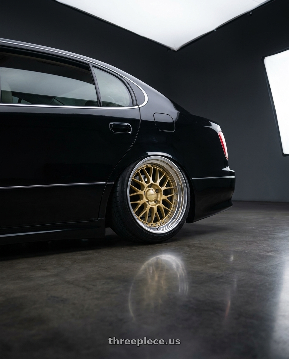 2002 Lexus GS300 with Work Brombacher Mesh wheels rear three quarter view slight stretch tires