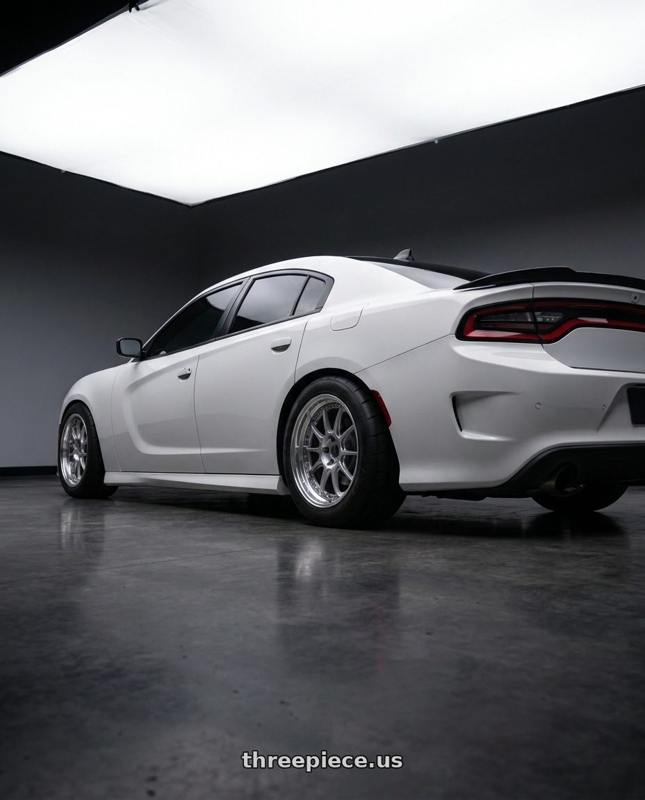 2021 dodge charger with SSR Professor SP5 5x115 20X9.5+22 MD Disk High Bright Silver wheels rear three quarter view meaty tires