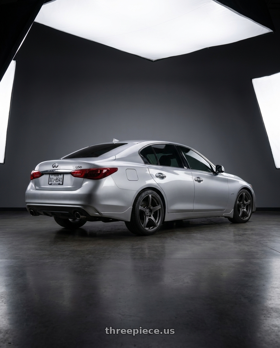 2018 Infiniti q50 luxe with Work Emotion T5r 5x114.3 18x8.5 +35 Matte Graphite wheels rear three quarter view square tires