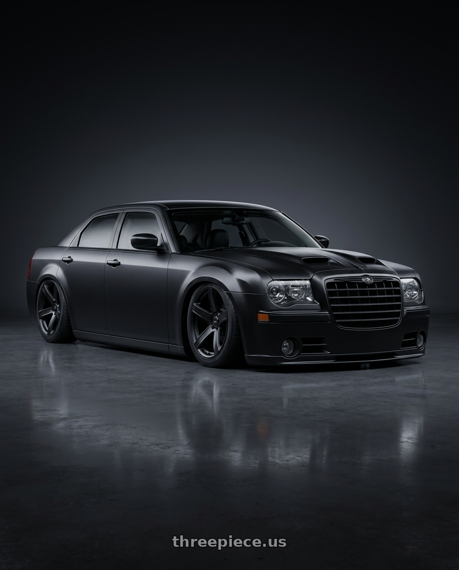 2007 Chrysler 300 srt8 satin black with blacked out trim and demon style hood with Voxx Replica Hellcat 2 5x115 20x10.5+25 Matte Black wheels