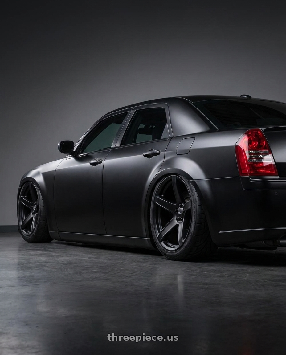 2007 Chrysler 300 srt8 satin black with blacked out trim and demon style hood with Voxx Replica Hellcat 2 5x115 20x10.5+25 Matte Black wheels rear three quarter view meaty tires