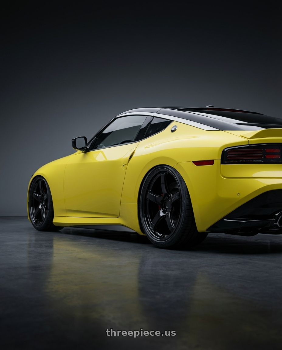 2024 Nissan Z with Gram Lights 57CR 5x114.3 19x9.5+35 Glossy Black wheels rear three quarter view slight stretch tires