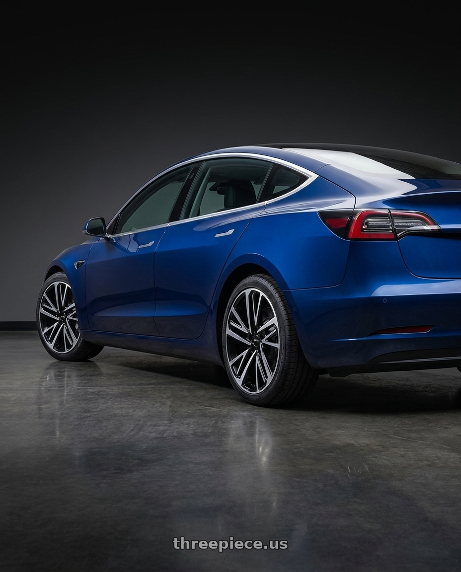 2018 Tesla model 3 Long with RTX Knight 5x114.3 18x7.5 +40 Gloss Black Machined wheels rear three quarter view square tires