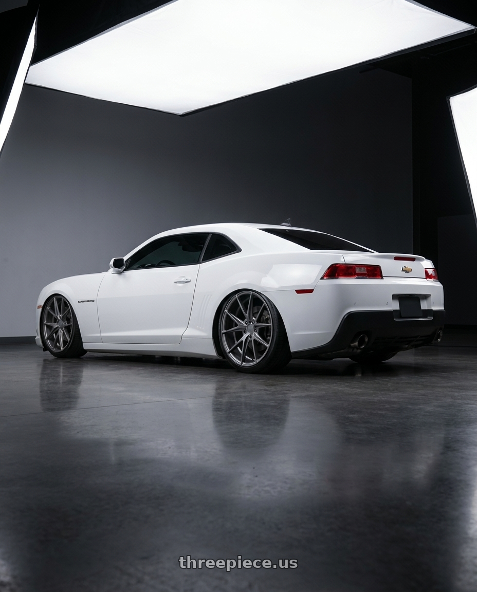 2014 Chevrolet Camaro 5th Gen with Niche 1PC M116 MISANO 5X120 20X9 +35 MATTE GUN METAL wheels rear three quarter view slight stretch tires