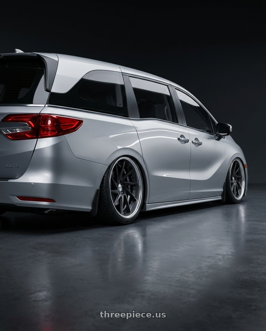 2024 HONDA odyssey with Work Gnosis Cvs 5x120 20x8+38 O Disk Matte Black wheels rear three quarter view slight stretch tires