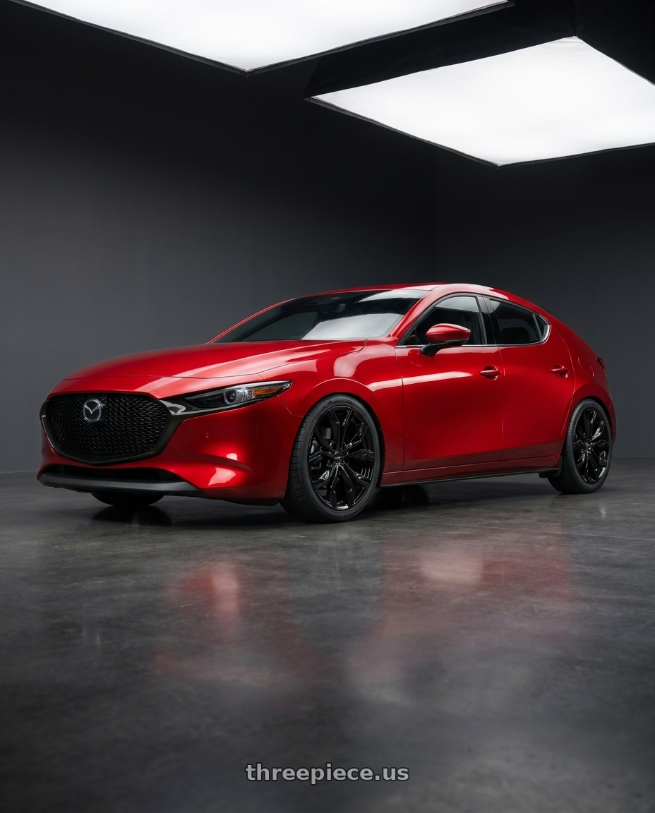 2019 Mazda 3 with RTX Venom 5x114.3 19x8 +35 Gloss Black wheels front three quarter view lowered stance