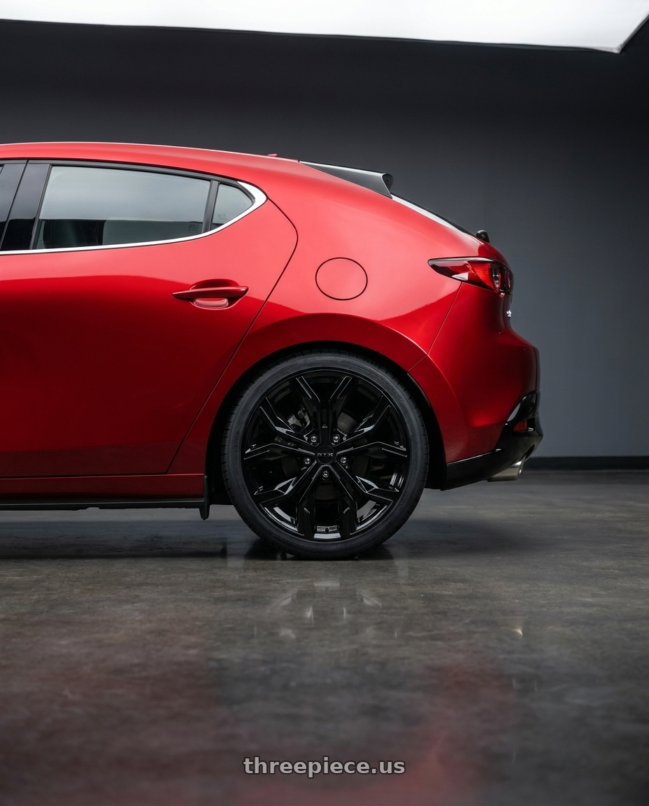 2019 Mazda 3 with RTX Venom 5x114.3 19x8 +35 Gloss Black wheels rear three quarter view square tires