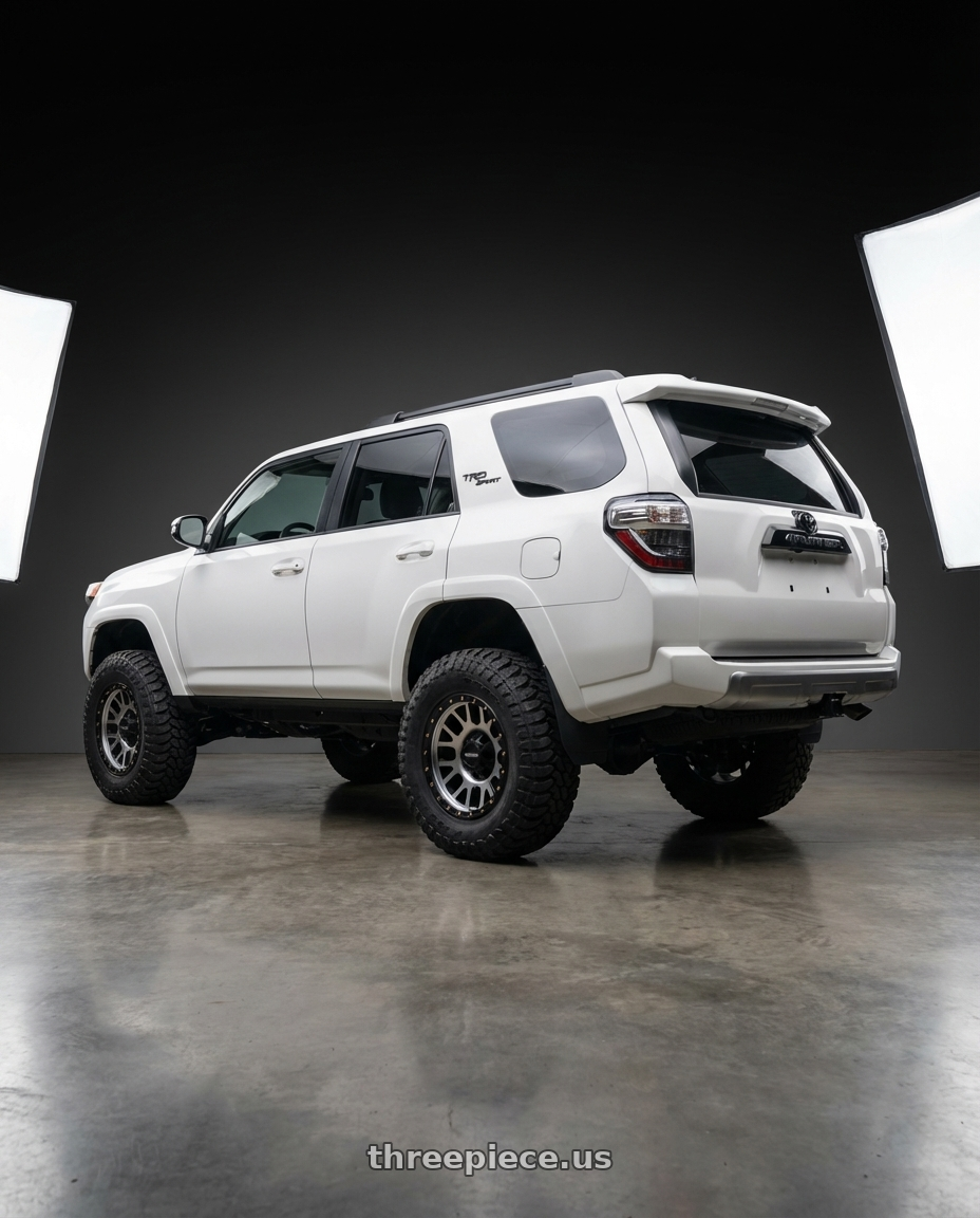 2022 Toyota 4Runner with Vision Off-Road 111 Nemesis 6x139.7 20x9+0 Matte Black Machined Face wheels rear three quarter view meaty tires