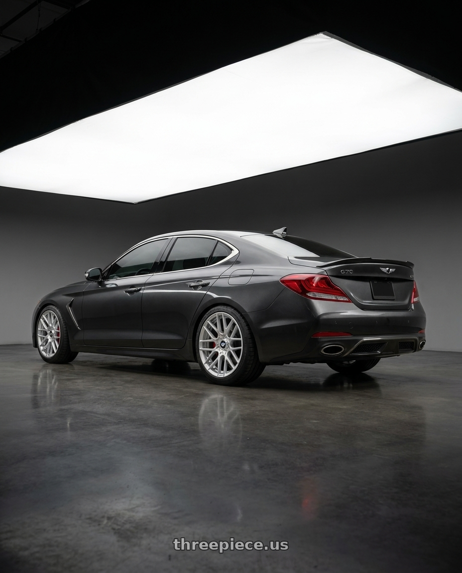2019 Genesis G70 with Rotiform 1PC R140 RSE BLANK 17X8 +40 GLOSS SILVER wheels rear three quarter view square tires