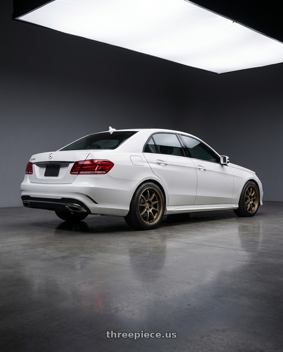 2016 Mercedes e350 with Work Emotion D9r 5x112 19x8.5 +38 Matte Bronze wheels rear three quarter view square tires