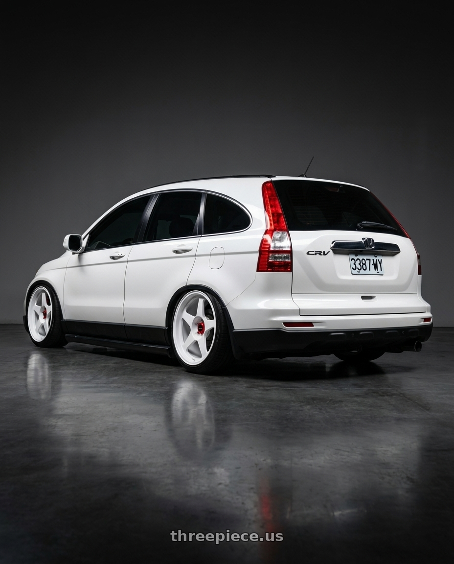 2009 HONDA CRV3 with R6061 Forged R1 5x114.3 18X8.5 +20 Championship White wheels rear three quarter view slight stretch tires