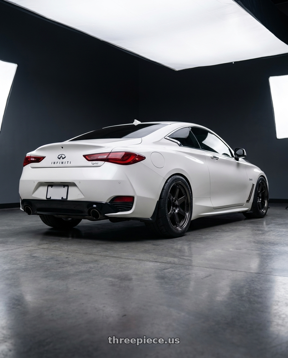 2020 Infiniti Q60 Luxe AWD with Volk Racing TE37SL 5x114.3 19x10.5 +22 PRESSED DOUBLE BLACK wheels rear three quarter view meaty tires