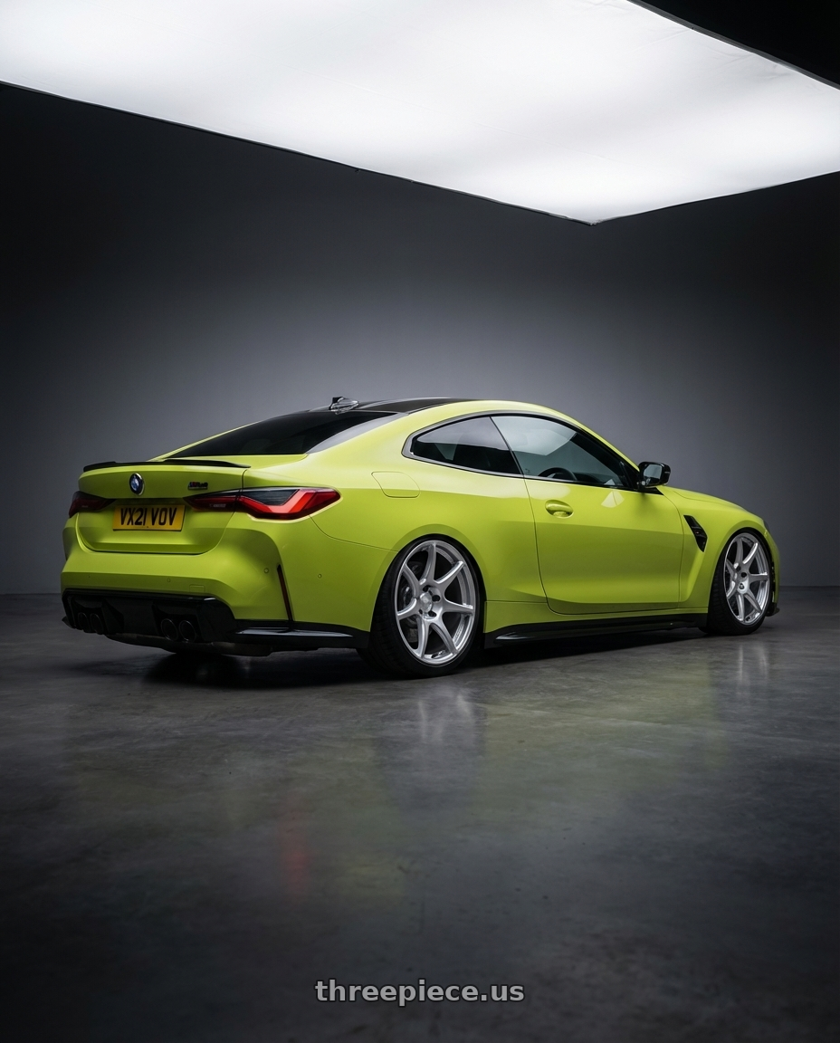 2024 BMW M4 G82 with Kansei K11S Tandem 5X112 19x10.5 22 Hyper Silver wheels rear three quarter view slight stretch tires