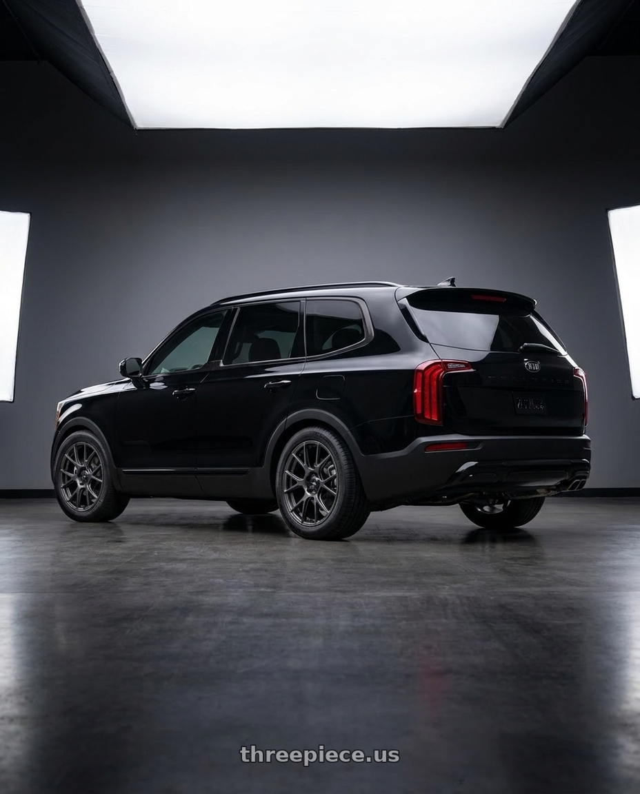 2021 Kia Telluride with Konig Ampliform 5x114.3 18x8.5+45 Dark Metallic Graphite wheels rear three quarter view square tires