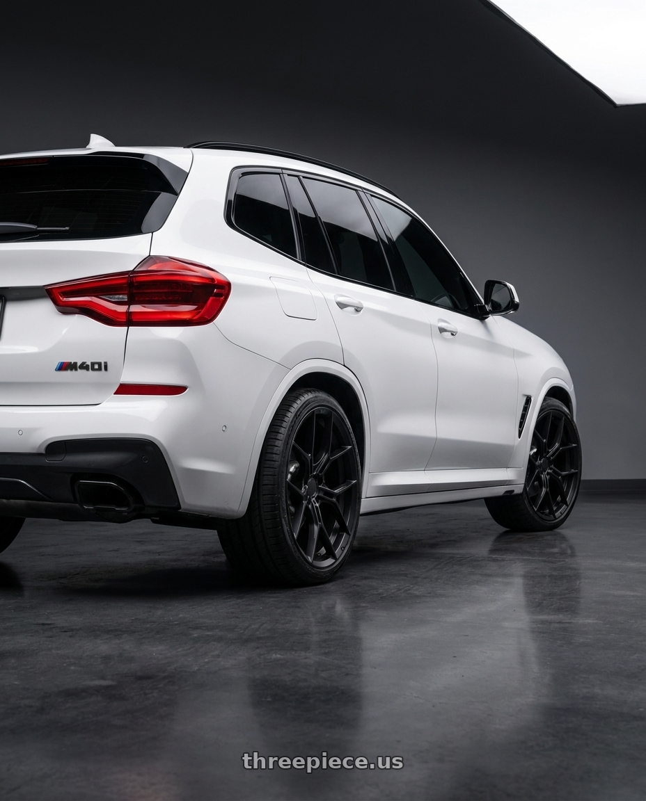 2022 x3 m40 with Asanti Black ABL-37 MONARCH 5X112 20X9 +25 SATIN BLACK wheels rear three quarter view square tires