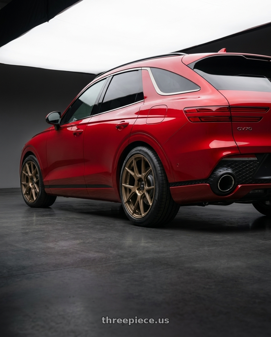 Red 2023 GV70 with Konig Ampliform 5x120 19x8.5+32 Gloss Bronze wheels rear three quarter view square tires