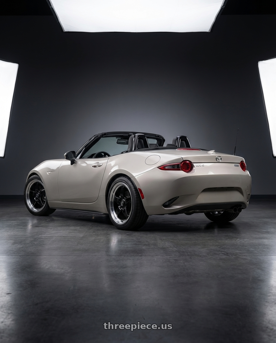 2021 Mazda MX-5 Miata ND with Forgestar D5 Drag 5x114.3 17x7 +6 Gloss Black Machined wheels rear three quarter view square tires