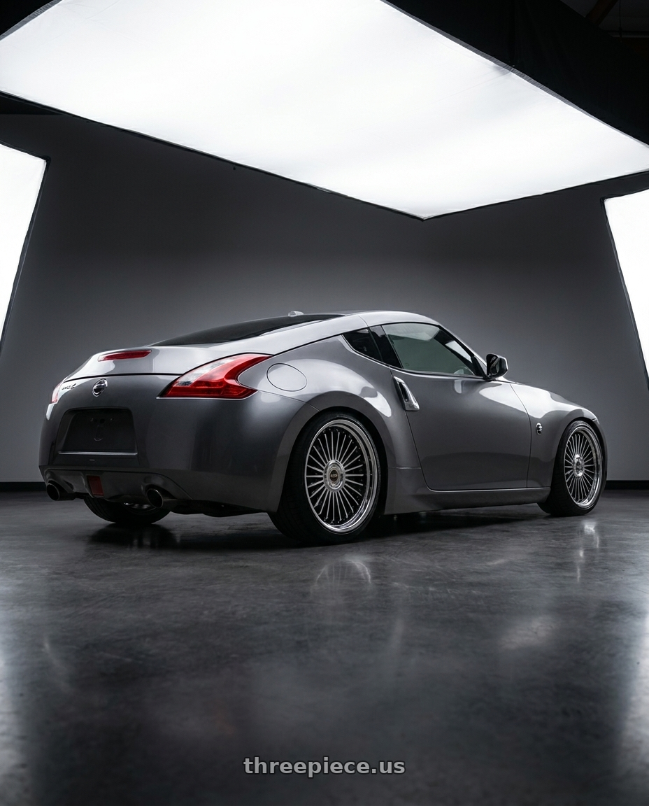2020 Nissan 370Z with Work Emitz Black Polish 5x114.3 19x7.5 +38 wheels rear three quarter view square tires