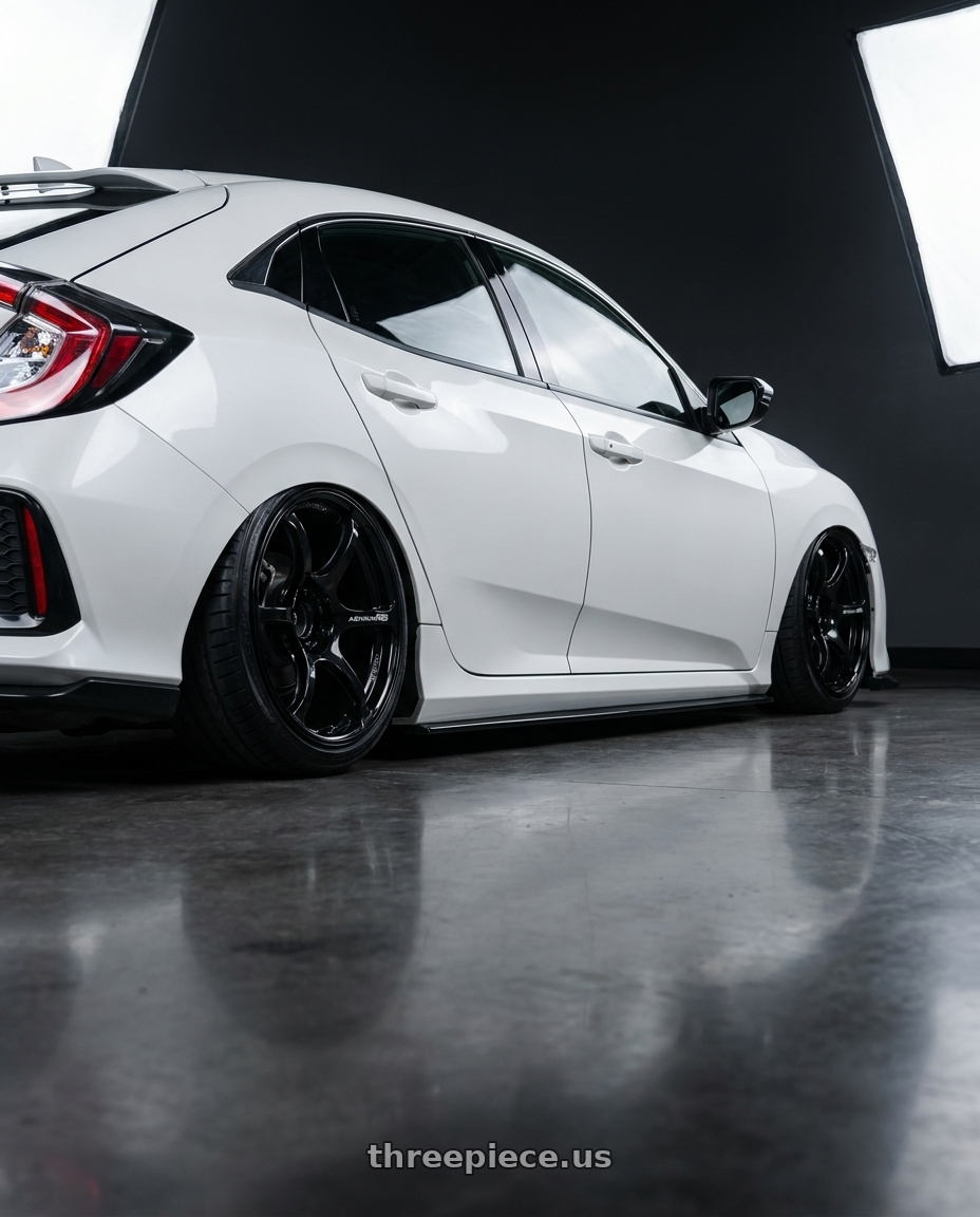 2019 Honda Civic with Advan RGIII 5x114.3 19x9.0+25 Gloss Black wheels rear three quarter view slight stretch tires