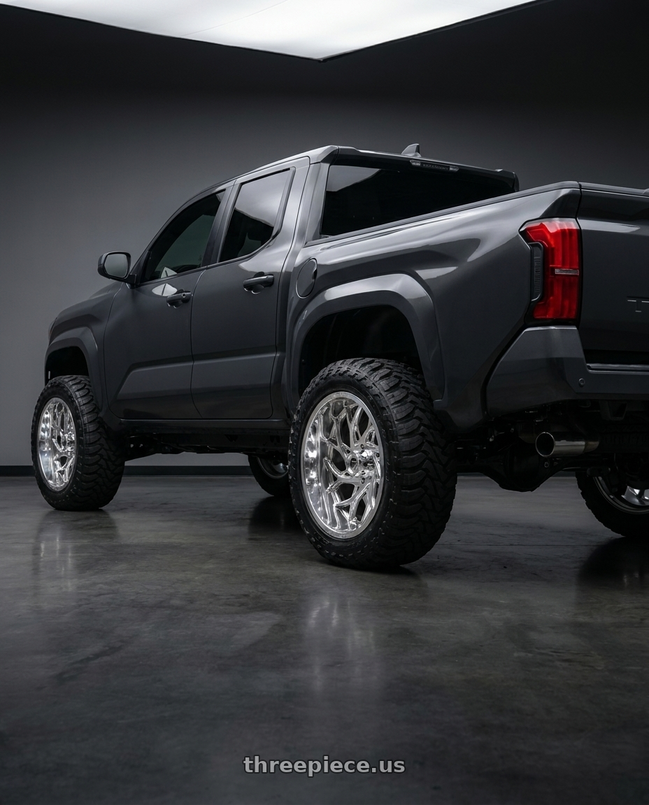 toyota tacoma 4th gen 2024 sr rwd with Fuel UTV D204 RUNNER 4X156 22X7 +13 POLISHED wheels rear three quarter view meaty tires