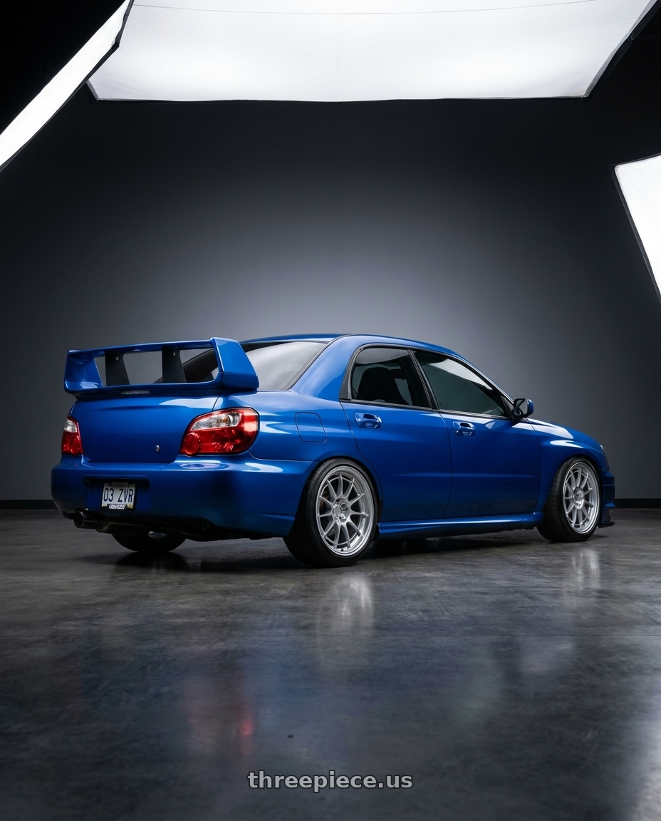 2004 Subaru wrx sti with Enkei NT03+M 5x114.3 18x9.5+40 Silver wheels rear three quarter view slight stretch tires