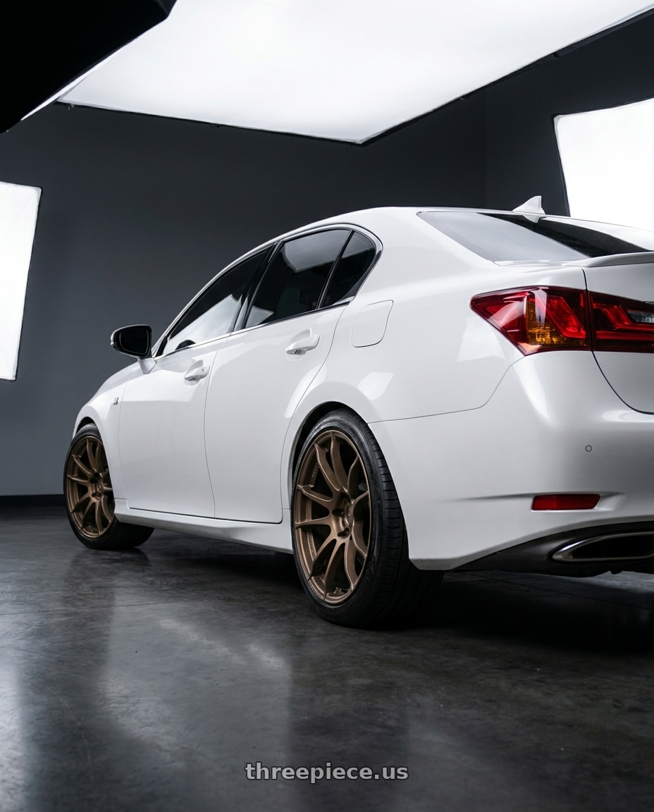 2013 lexus gs350 with Gram Lights 57XR 5x114.3 19x9.5+35 Dark Bronze wheels rear three quarter view slight stretch tires