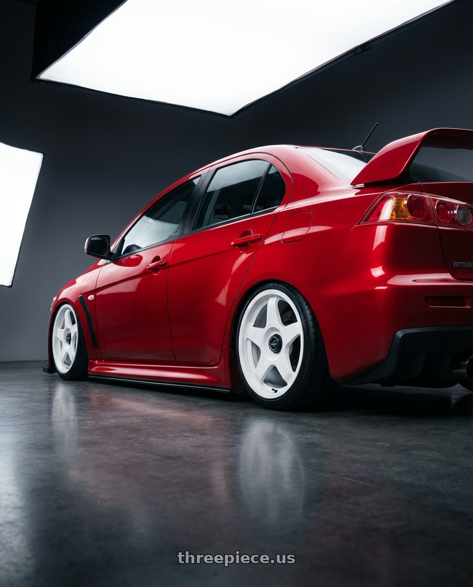 2012 Mitsubishi Lancer Evo X with fifteen52 CHICANE 5x114.3 / 5x100 18x8.5 +35 RALLY WHITE (GLOSS WHITE) wheels rear three quarter view slight stretch tires