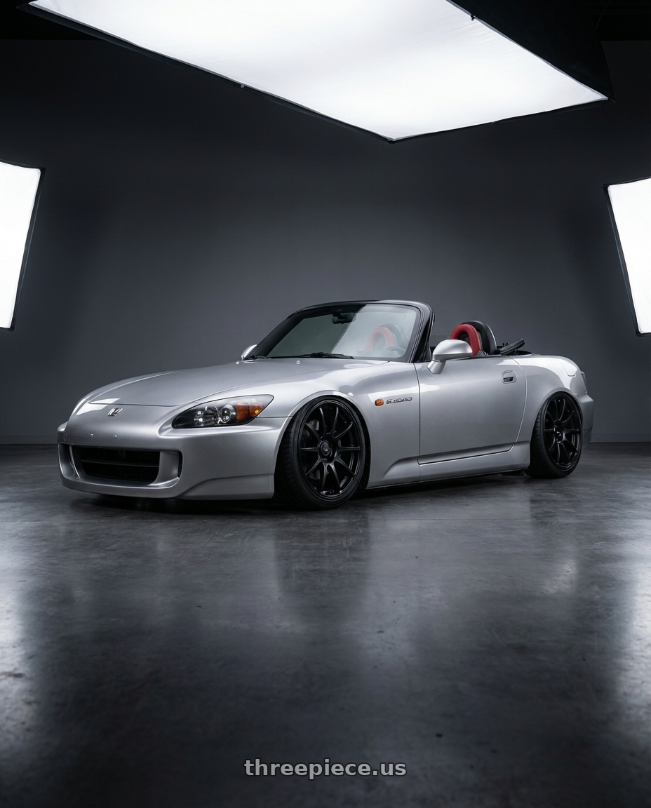 2009 Honda S2000 with Ssr Gtv02 5x114.3 18x8.5+40  FLAT BLACK wheels front three quarter view stanced stance