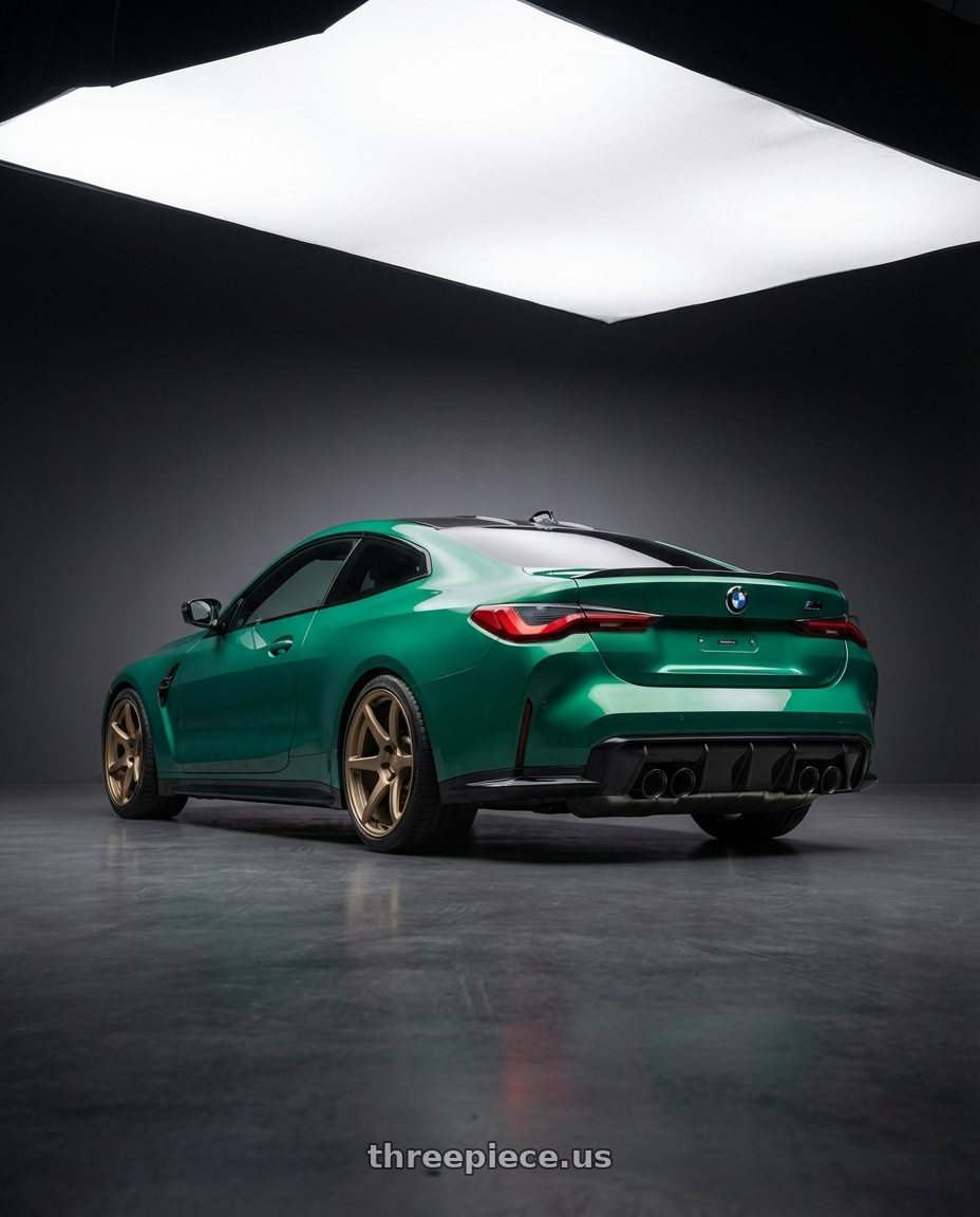 2024 BMW M4 G82 with Kansei K11B Tandem 5X112 19x9.5 22 Bronze wheels rear three quarter view square tires