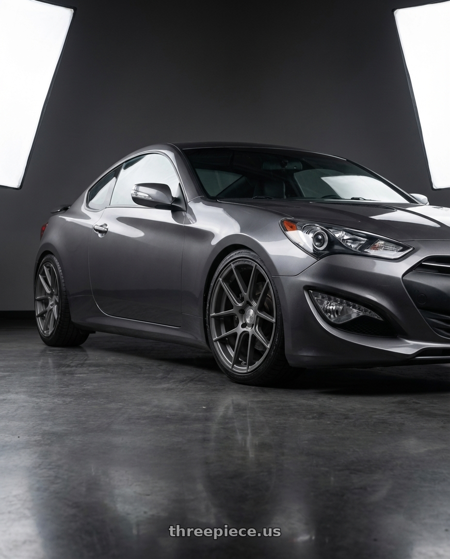 2014 Hyundai Genesis Coupe with Avant Garde Wheels M510 5X114.3 19x9.5 +40 Dolphin Grey wheels front three quarter view lowered stance