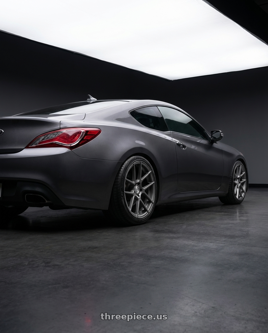 2014 Hyundai Genesis Coupe with Avant Garde Wheels M510 5X114.3 19x9.5 +40 Dolphin Grey wheels rear three quarter view square tires