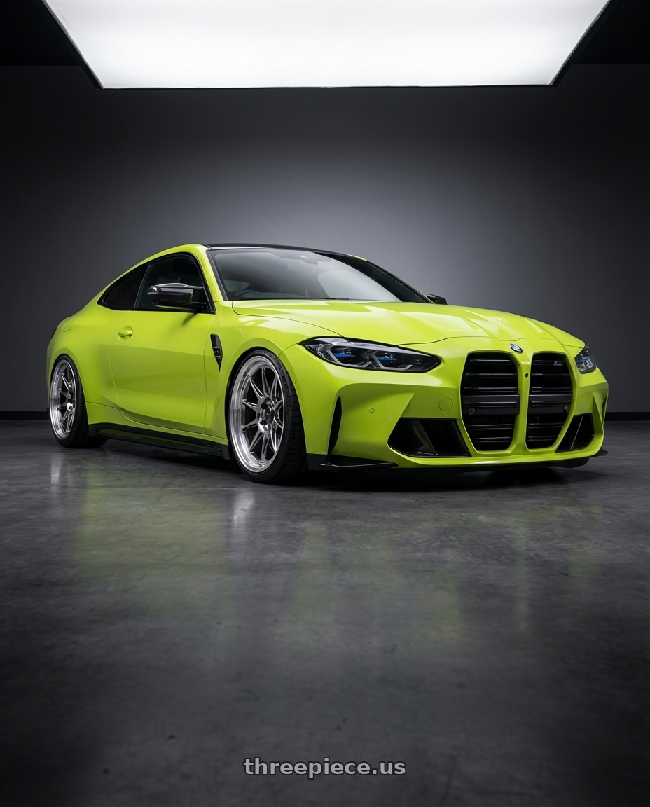 2024 BMW M4 G82 with Konig Countergram 5x112 19x11+40 Hyper Chrome / Machined Lip wheels front three quarter view stanced stance