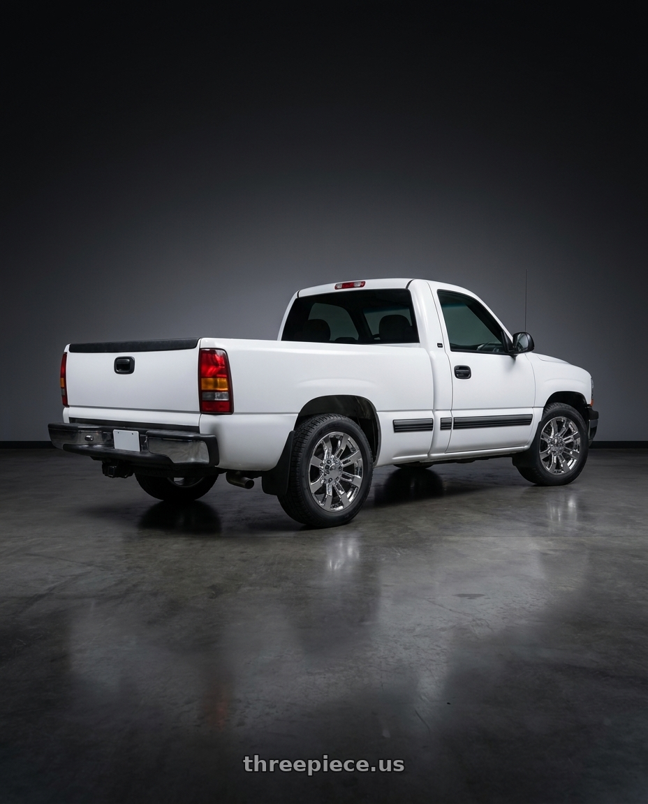2000 chevy silverado 3 door with OE Wheels CA82 6x139.7 20x8.5+31 Chrome wheels rear three quarter view square tires