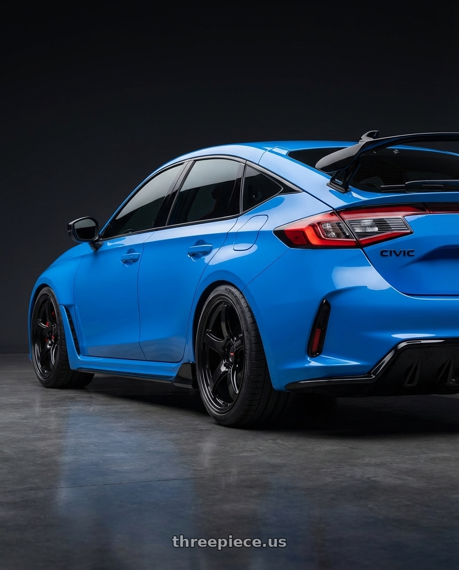 2024 Honda Civic Type R with Gram Lights 57CR 5x120 19x9.5+35 Glossy Black wheels rear three quarter view square tires