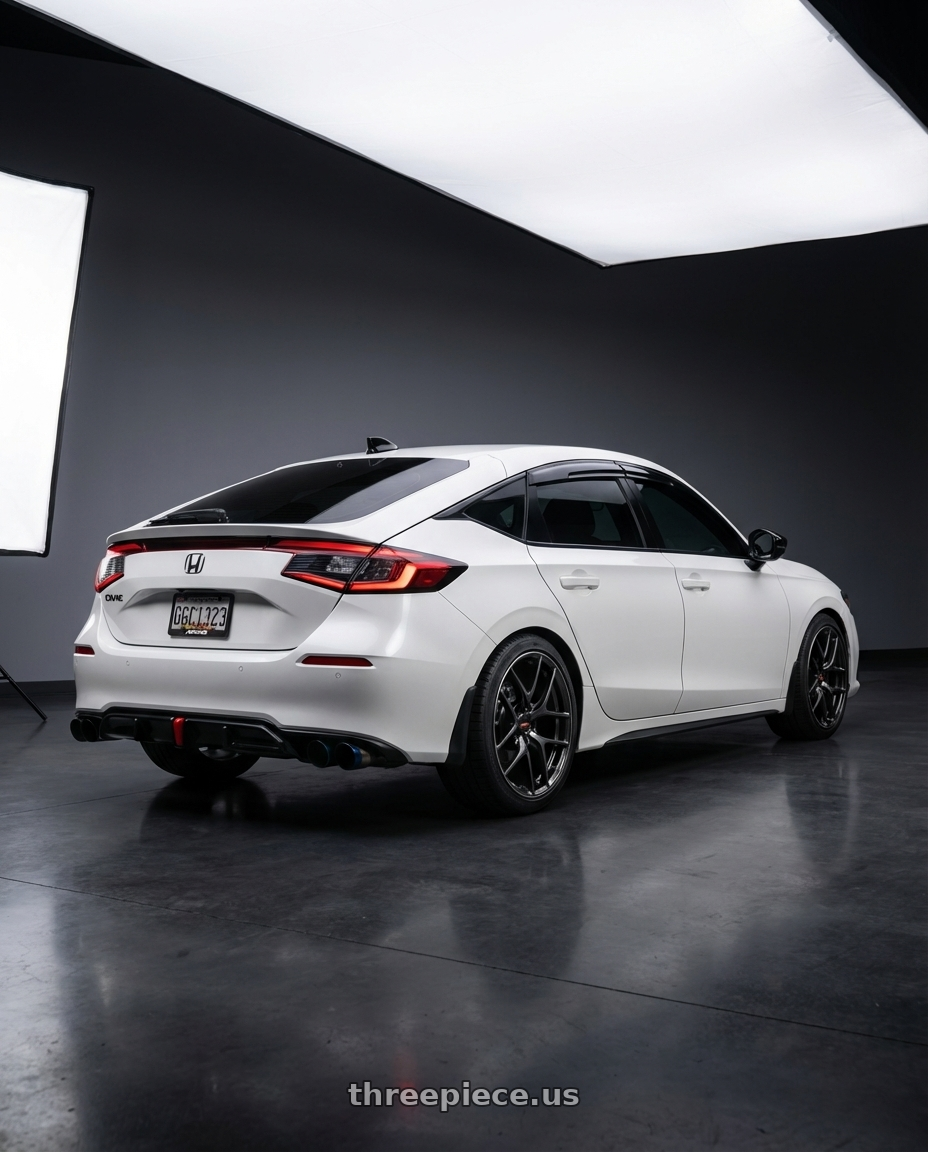 2024 Honda Civic Sports Touring Hatchback with Volk Racing G025 5x114.3 18x9.5+45 Shining Black Metal / Rim Edge DC wheels rear three quarter view square tires