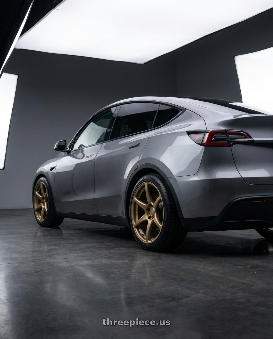 2026 Tesla model Y grey with Kansei K11B Tandem 5x114.3 19x10.5 22 Bronze wheels rear three quarter view square tires