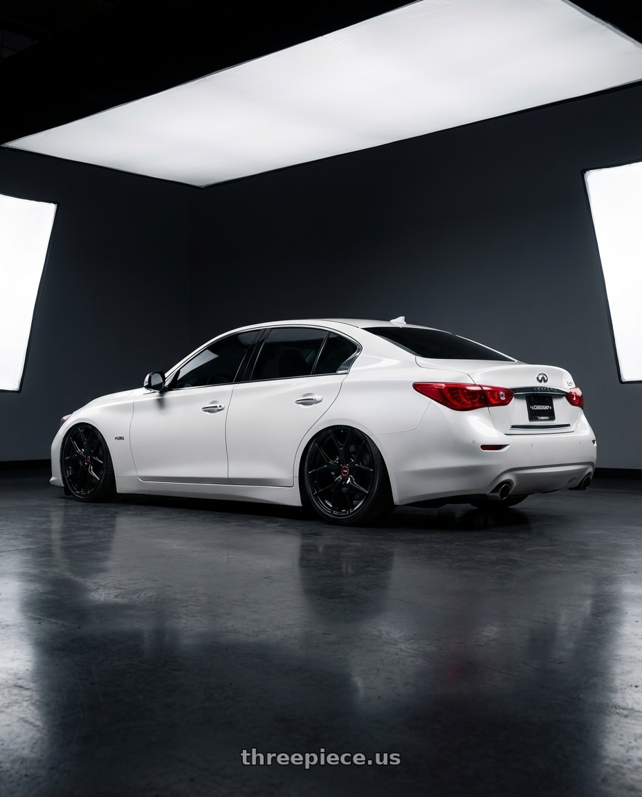 2020 Infiniti Q50 with Vossen HF-5 20x9.5 / 5x114.3 / ET25 / Deep Face / 73.1 -GB - Gloss Black Wheel - HF5-0N07 wheels rear three quarter view slight stretch tires